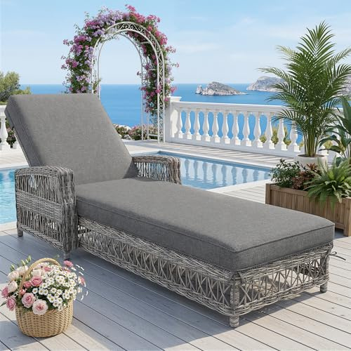 ECLIVON Sonnenliege aus Rattan (1 Set), Liege mit Verstellbarer Rückenlehne, Outdoor Liegestuhl für Garten, Gartenliege mit Polster, Relaxsessel, Relaxliege für Terrasse, Balkon, Gartenmöbel, Grau