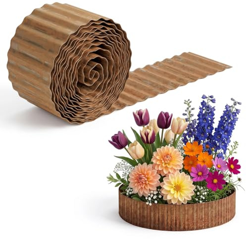 Rasenkante aus Cortenstahl 6m, Beeteinfassung aus Metall 20 cm hoch, Gewellte Beetumrandung, Rasenkantenband mit Rost, für DIY-Rasen, Blumenbeet und Landschaftsgestaltung