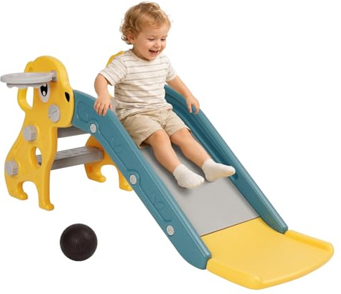 Tobogán Infantil 3 En 1 Tobogán para Niños De 3 Años con Escalera Antideslizante, Canasta De Baloncesto Y Pelota, Bordes Suaves Y Redondeados para Interior Y Jardín, Diseño De Perro, Color Amarillo