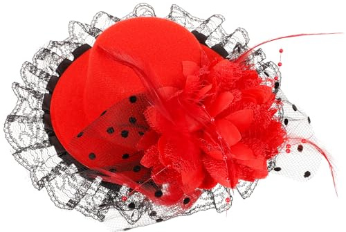 GLEAVI Eleganter Roter Feder Kleiner Hut mit Haarklammer für Kinder und Mädchen Bequemer Stoff und Sicherer Haarclip für Bühnenauftritte und Geburtstagsfeiern