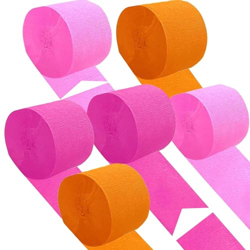 KUNYYI Krepp-Papier Luftschlangen, Orange und Rosa, 6 Stück, für Partydekoration, Geburtstag und Hochzeit 4.5CMx25M