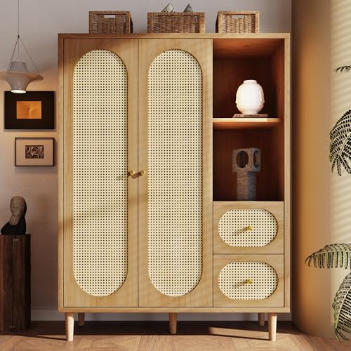 Xwiny Kleiderschrank mit 2 Türen, 2 Schubladen, Garderobenschrank mit Offene Regale und Kleiderstange, Geeignet für Schlafzimmer und Flur, Holz, 120x44x161 cm