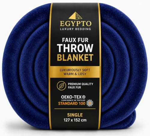 EGYPTO Single Fleece Blanket 127cm x 152cm | Luxury Faux Fur Throws for Sofas | Anti-Allergy Cozy & Soft Throw | Versatile Royal Blue Throw Blanket for Sofa & Bed