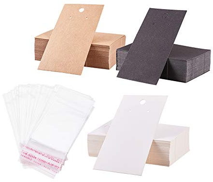 PandaHall Elite 150 Stk. 3 Farben 9x5 cm Papier-Ohrring-Displaykarten mit 150 Stk. Klare, selbstklebende Beutel, Blanko-Kartenhalter, Papieranhänger für Ohrring-Ohrstecker
