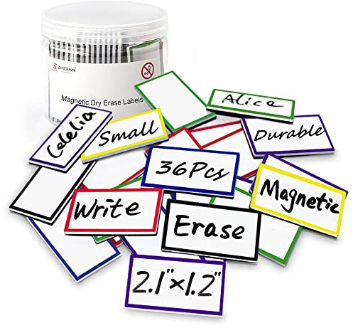 36Pcs Magnetic Name Tags Small Thick Dry Erase Magnet Labels Writable Wipable Mini Magnetic Tapes Strips for Classroom Office Calendar Whiteboards Shelf Garage Fridge, 2.1x1.2