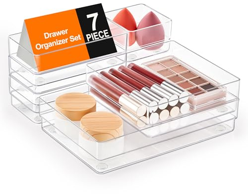 SMARTAKE 7-Piece Drawer Organizer with Non-Slip Silicone Pads, 4-Size Desk Drawer Organizer Trays Storage Tray for Makeup, Jewelries, Utensils in Bedroom Dresser, Office and Kitchen (Clear)