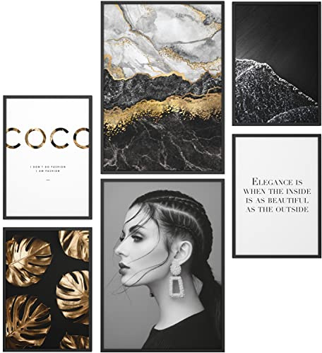 Papierschmiede® Set Mood Posters, Tableau Décoration Murale sans cadres « Coco Black & Gold » Bureau, Salon, Deco Chambre Parentale, Cuisine, 2x 30x40cm et 4x 21x30cm, marbre noir élégance