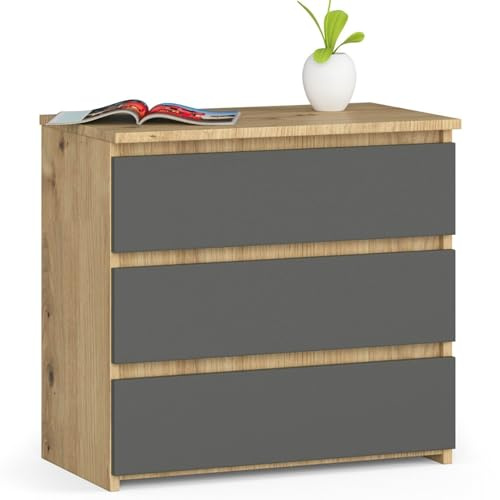 AKORD Kommode CL-3 mit 3 Schubladen | für das Wohnzimmer Schlafzimmer Schrank Büro Arbeitszimmer | Modernes Funktionales Design | B60 x H57 x T35 cm, Gewicht 26 kg | Handwerkliche Eiche