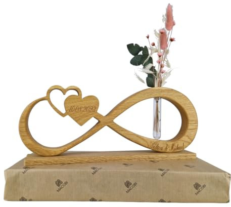 CNC_Werkstatt MACOBI Endlosschleife aus Holz - Personalisiert mit Namen & Datum, optional mit Vase, Trockenblume & Geschenkverpackung, ideal, Hochzeit oder Jahrestag, Made in Germany