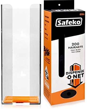 SAFEKO Dispense-O-Net Hairnet Dispenser & Wall Mount | Black Hairnets + Wall Mount | Lightweight Nylon Hairnets | Latex-Free