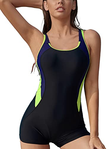 SHEKINI Women Athletic One Piece Swimsuit Racerback Bathing Suits | Boyleg Color Block Sport Swimwear, with Non-removable Padding, Hollow in the Back, Fixed Wide Shoulder Straps