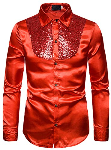 Camisa Fiesta de Hombre Brillo Esmoquin Manga Larga Blusa Brillante de Lentejuelas Con Cuello Solapa Ajustada Shirt Delgado Para Club Noche Bar Ceremonia (Rojo, XXL)