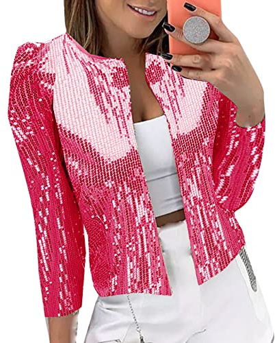 Damen Pailletten Cardigan Jacke Langarm Glitzer Bomberjacke Party Club Jacke Pailletten-Blazer Damen Elegant Tailliert Anzugjacke Glitzer Tops Kurz Oberteile Blazer Glitzer Outfits (Hot Pink, XXL)