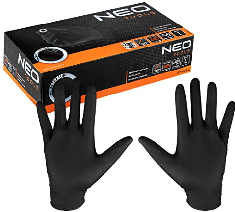 NEO TOOLS Nitrilhandschuhe, Schwarz; verfügbar, 100 Stück, Größen M-XL; durchstichfest; puderfrei, wasserdicht und antiallergisch; Arbeiten in Landwirtschaft, Labor, Industrie; wendbar (L)