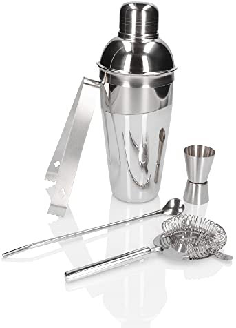 Whiskey Rocks 5-er Cocktail Shaker Set - Cocktail & Bar Zubehör - Paris Shaker 500 ml - Barkeeper Set - Bar Set - Cocktail Messbecher - Barlöffel - Polierter Stahl - Silber