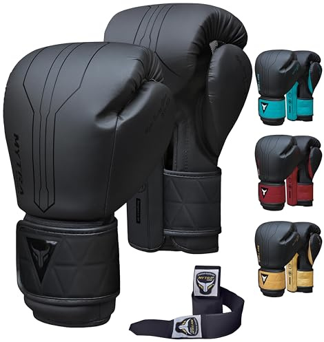 Mytra Fusion Guantes de Entrenamiento Incluido con envolturas para Manos Gratis, Guantes de Boxeo MMA Training y Guantes Muay Thai para Mujer y Hombre (12-oz, Black)