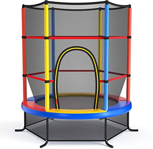 KOMFOTTEU Trampolin für Kinder, Kindertrampolin mit Sicherheitsnetz, Gartentrampolin bis 135 kg belastbar für Kinder ab 3 Jahren, Indoor- & Outdoortrampolin, ‎φ165 cm x 165 cm (Bunt)