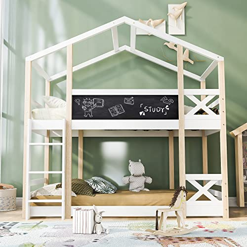 TZCIN Hochbett mit Leiter und Tafel, Kinderbett Baumhaus Etagenbett Stockbett für 2 Kinder mit Rausfallschutz und 2 Lattenrost, Massivholz Hausbett Jugendbett Doppelbett, 90 x 200 cm, Natur & Weiß