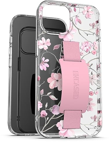 Encased Coque avec dragonne, conçue pour iPhone 15 (2023) avec dragonne en silicone et support de téléphone en silicone (transparent/fleurs roses)