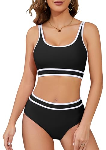 SHEKINI Women's Sporty Bikini Sets Two Piece High Waisted Swimsuits Tummy Control Scoop Neck Color Block Cheeky