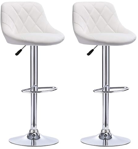 Homewell Barstol set om 2, ergonomisk PU-läder sits med mjuk kudde, vridbar barstol, justerbar höjd, barstol bas i metall med fotstöd (2, vit)