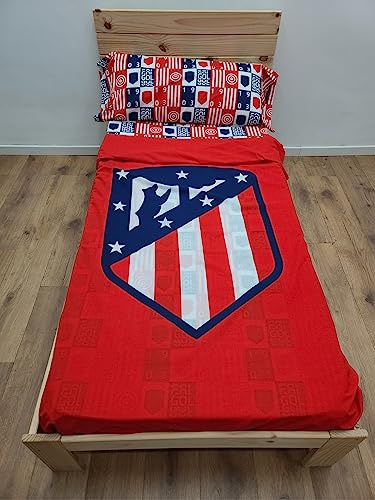 Juego de sábanas 3 Piezas Atlético de Madrid Cama 90 cm. (sábana de 160x270 cm.-Bajera 90x200+28 cm. y Almohada 45x110 cm.)