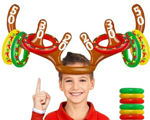 Juego de Lanzamiento Anillos Inflable para Niños Adultos Navidad,Divertido Juegos Piscina Cuerno de Reno Inflable con 6 Anillos,Juegos Jardin Al Aire Libre Niños Adultos,Juego Familiares para Fiesta