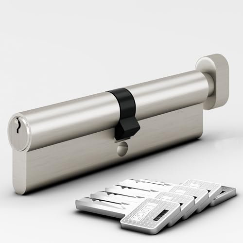 AwmnSrman Thumb Turn Euro Cylinder Lock (80mm) 40/40 with 5 Keys, Barrel Cylinder Lock with Knob, Euro Brass Cylinder Satin Nickel Finish,Anti-Bump, Drill and Pick