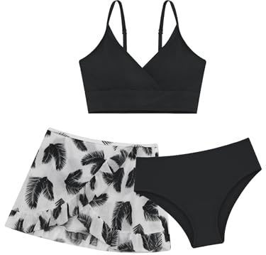 Fldy Kinder Mädchen Bikini Tankini Set Mit Rock Bademode 3 Stück Set Mit Süße Blumenmuster Strand Schwimmbekleidung Schwarz_A 158-164