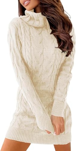 Ebifin Stickad klänning för damer med polokrage, elegant tröjklänning, vinterklänning i stretchigt material, Beige, XL