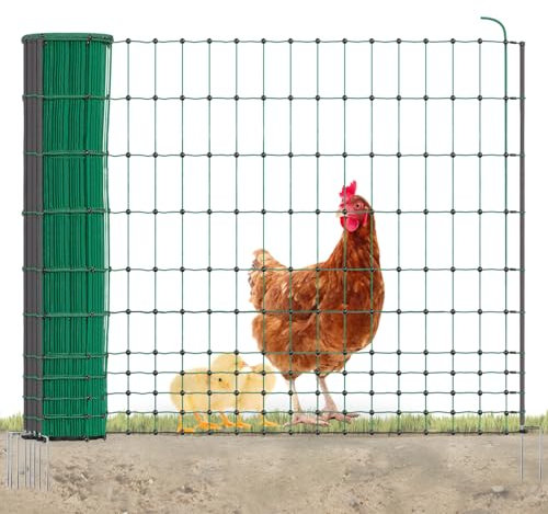 Kerbl AKO PoultryNet Premium Geflügelnetz - 50m Hühnerzaun, 106cm hoch, mit 15 fiberglas-verstärkten Pfählen, Doppelspitze, robust & UV-beständig, grün, ohne Strom