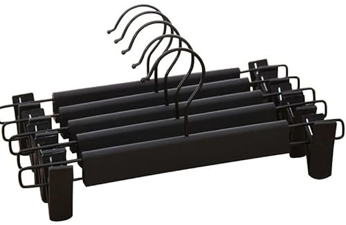 JUNEYE 5 Pack Space-Saving Pants Hangers, 360 Swivel Hooks, Adjustable Clips, Black Plastic Hangers with Non-Slip Coating