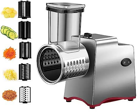 Electric Cheese Grater, Electric Salad Machine, Vegetable Shredder with 5 Different Blades, High Power Motor and Large Capacity, One Button Operation, for Vegetables Fruit, Cheeses and Nuts