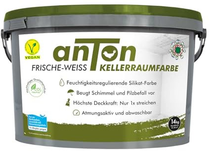 Anton | Kellerraumfarbe | Weiß | für Allergiker | Vorbeugend und sofort gegen Schimmel | deckt beim ersten Anstrich | geruchsfrei&Atmungsaktiv | 80-100m² | 17,5 Kg 25% MEHR INHALT
