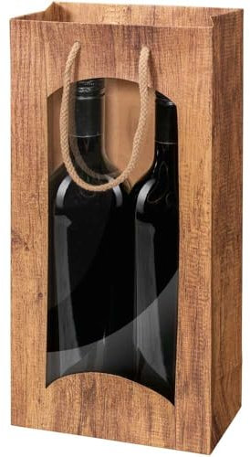 2er Flaschentragetasche, Weintasche, Geschenktasche Timber mit Sichtfenster, 17 + 8,5 x 36 cm, 20 Stück