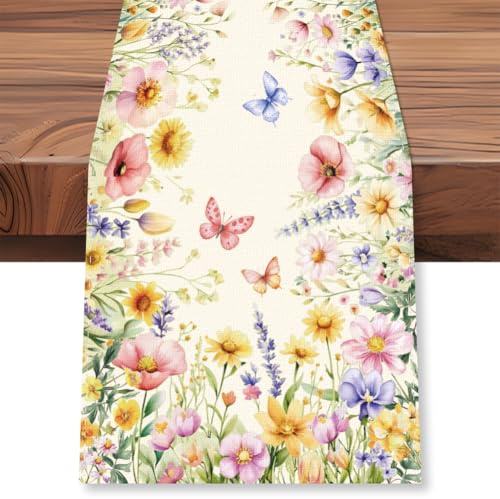 WADORN 183cm Chemin de Table à Papillons Wildflower, Long Chemin de Table de Marguerites Florales Aquarelles Décoration de Table de Cuisine Lavable pour Printemps et Été pour Maison Fêtes