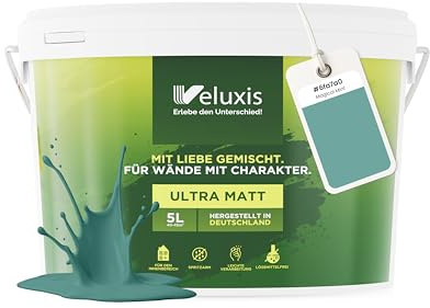 Veluxis Wandfarbe Grün Türkis Petrol matt 5 L – Magical Mint | Innenfarbe mit Deckkraft Klasse 1, VOC-frei, ohne Grundierung, tropfarm, für Wohnzimmer und Schlafzimmer