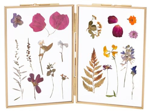 UNICRAFTALE Messingfotorahmen Gepresste Blumen Rahmen Doppelte Bilderrahmen Golden Mit Glas Anzeige Gelenkig Klapprahmen Für Getrocknete Blumen Anzeige Zuhause Büro Schreibtischdekorationen 16x11cm