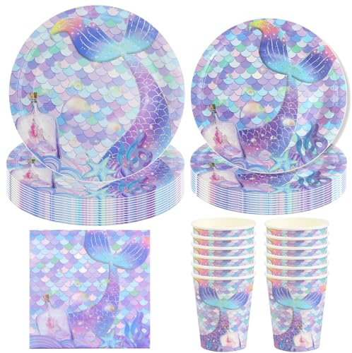 Hmfmdy Mermaid Party Tableware Set, 50 Pieces Mermaid Party Decorations for Kids Mermaid Tail Cutlery, Plates, Cups, Paper Napkins for 10 Guests