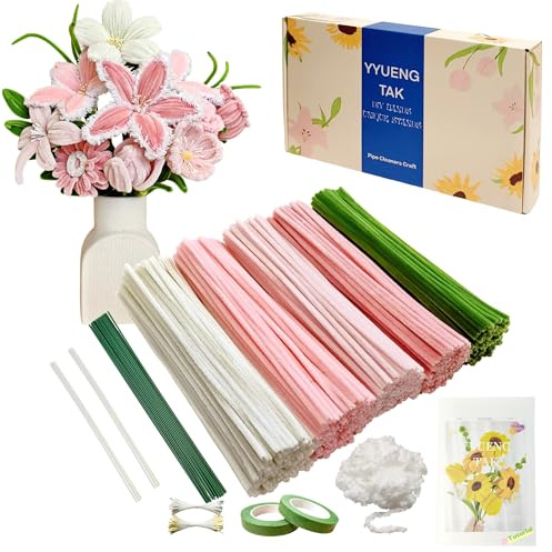 YYUENG TAK 350 delar Rosa Blommor Set Med Piprensare (5 Färger), Inkl. Instruktioner, 2 Chenille Garn, 20 Blommer Tråd, 100 Ståndare & 2 Teflon Tape för Blomsterpyssel & DIY