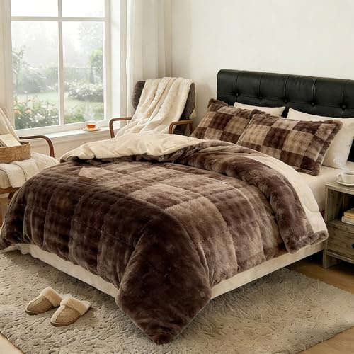 PAJEO King Size Duvet Cover Set,Double Sided Fluffy Duvet Cover,Super Soft Fuzzy Rabbit Hair & Smooth Milk Winter Duvet Cover & 1 Pillow Sham 104×90,Ultra Warm Cozy Bedding for All-Season Comfort