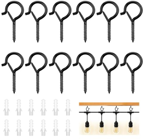 12 Pcs Screw Hooks for Outdoor Lights, Q-Hanger Screw Hooks with Safety Buckle, Screw in Hooks Kit for Fairy String Christmas Lights, Plants, Bird Feeders, Cups, Ceiling, Wood, Wall, Fence (Black)