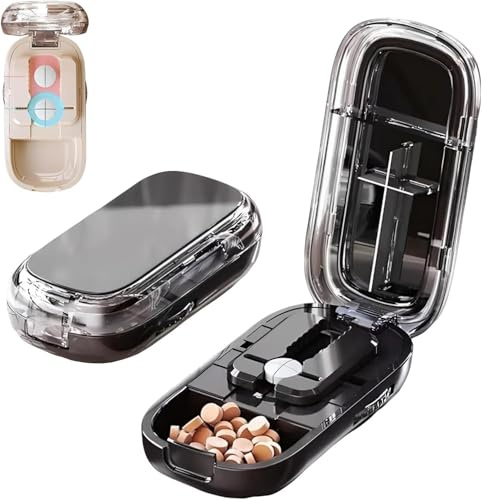 Starnearby Taglia Pillole Portatile, Taglia Pastiglie in 2 in 4 di Precisione, Divisore Compresse Regolabile, Portapillole con Taglierina per Compresse Piccole e Grandi (Nero, 1/2 + 1/4)