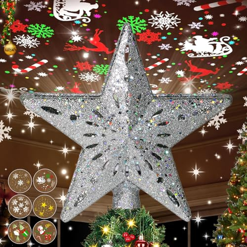 JIMACRO 3D Weihnachtsbaumspitze Stern, 360°-Drehung Christbaumspitze Beleuchtet, Christbaumspitze Stern Mit Dynamischer LED-Projektor (Silber)