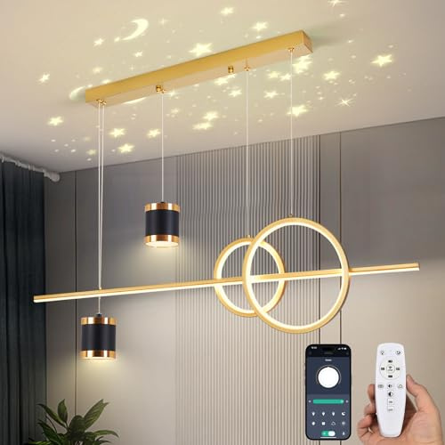 YZBEIMDAI LED Pendelleuchte Esstisch Hängelampe, Dimmbare Hängeleuchte mit Fernbedienung/APP, Sternenhimmel Konvergiert Hängend Esszimmerlampe für Küche Büro(Gold, L100cm)