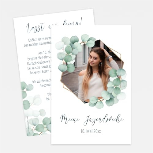 Personalisierte Einladung Jugendweihe - Einladungskarte Jugendweihe – personalisierbar mit Foto & Text – 8 bis 100 Karten – Umschläge optional, extra starkes Papier - Motiv Eucalyptus weiß