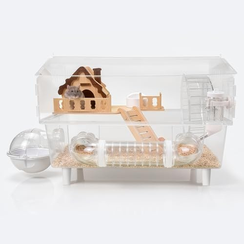 Clear Acrylic Hamster Cage, Dwarf Hamster Cage, Mouse Cage, Gerbil Cage - All-in-One Hamster Habitat with 18cm Silent Wheel, Tubes & Full Kit, 17.7×11.8×13.8 for Dwarf Hamsters, Mice, Gerbils
