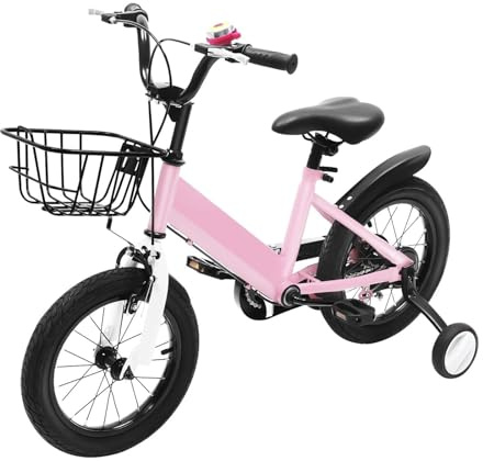 HUOMMGS Kinderfahrrad 14 Zoll Kinder Fahrrad Höhenverstellbar Mädchenfahrrad für ab 3-5 Jahre Upgraded Kinderfahrrad mit Stützrädern & Korb Jugend Fahrrad für Schulung Outdoor Reiten (Rosa)