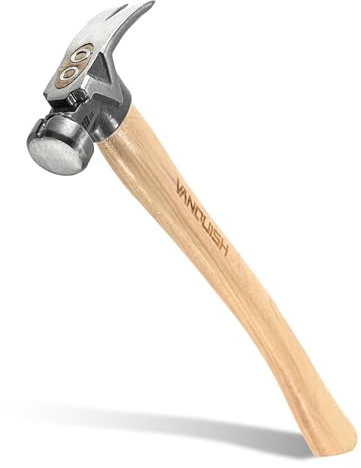 Vanquish Framing Hammer 19oz Curved Hickory Handle Straight Rip Claw with Smooth Face & Shock Reduction Grip, Claw Hammer with Magnetic Nail Holder, 0625