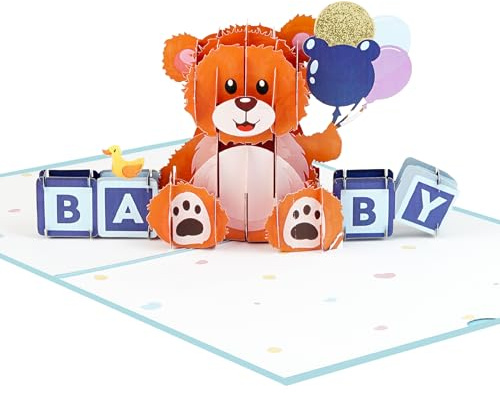 Pop-Up Karte zur Geburt Junge in Blau mit Glitzer – Hochwertige 3D Babykarte mit Teddybär – Liebevolle Glückwunschkarte zur Geburt, Babyshower oder Taufe, Babyparty, Babyboy